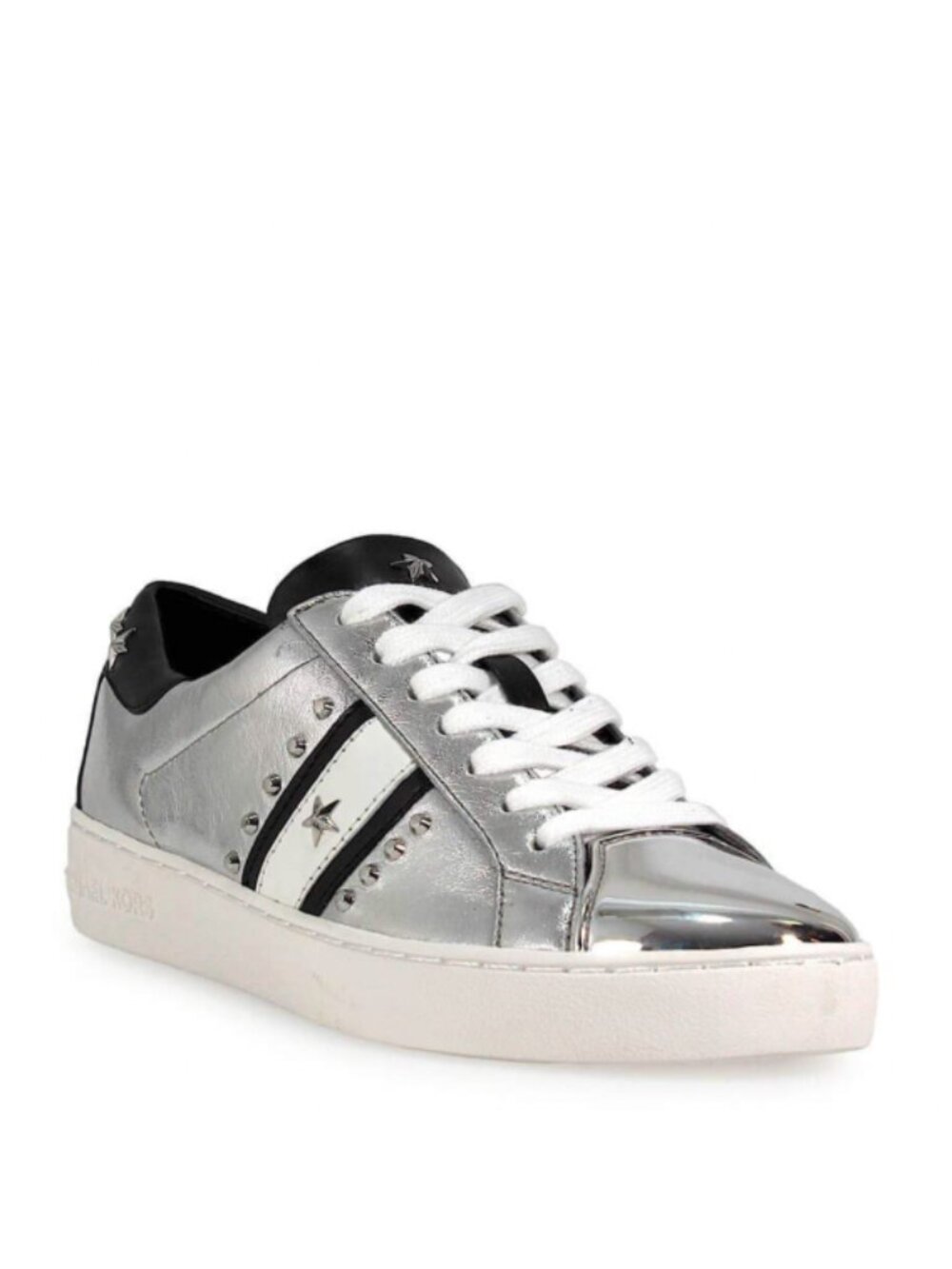 Michael Kors Women's Frankie Stripe Sneaker Leather Silver Black Size 7.5